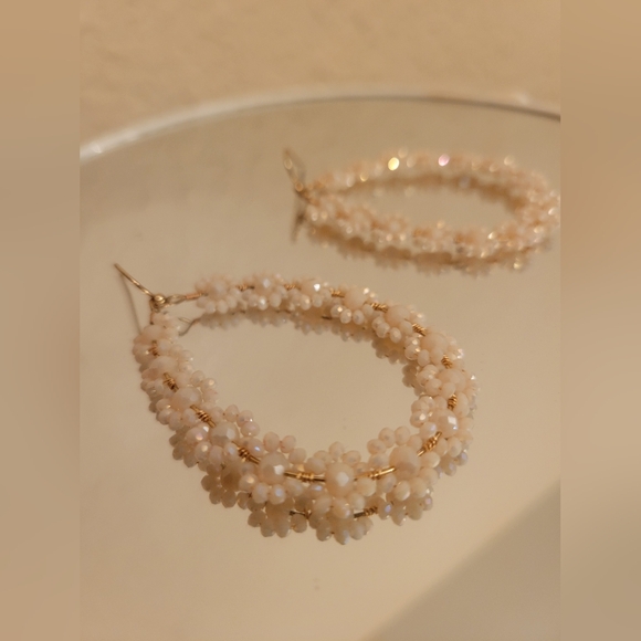 Elegant Cream Beaded Hoop Earrings - Picture 2 of 3